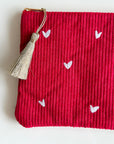 Trousse petits cœurs rouges en velours côtelé